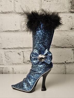Blue Glitter High Heel Boot Coin Bank Feather Glam Decor 9”